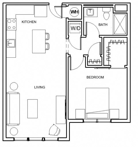 Floor plan for 1 bed, 1 bath, 675 sqft